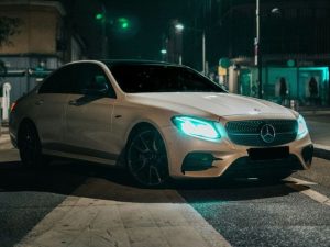 Friends Cars Mercedes taxi view from road.